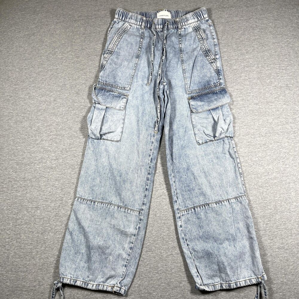 Habitual Jeans Womens S Blue Wide Leg High Rise Acid Wash Cargo Drawstring